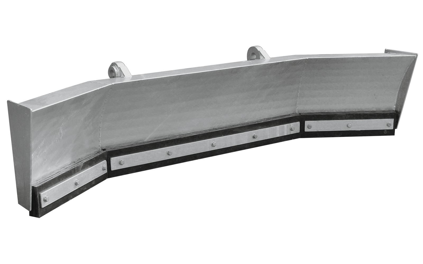 Kerfab muck scraper attachment — heavy-duty steel curved blade with bolt-on rubber edge and top mounting lugs.