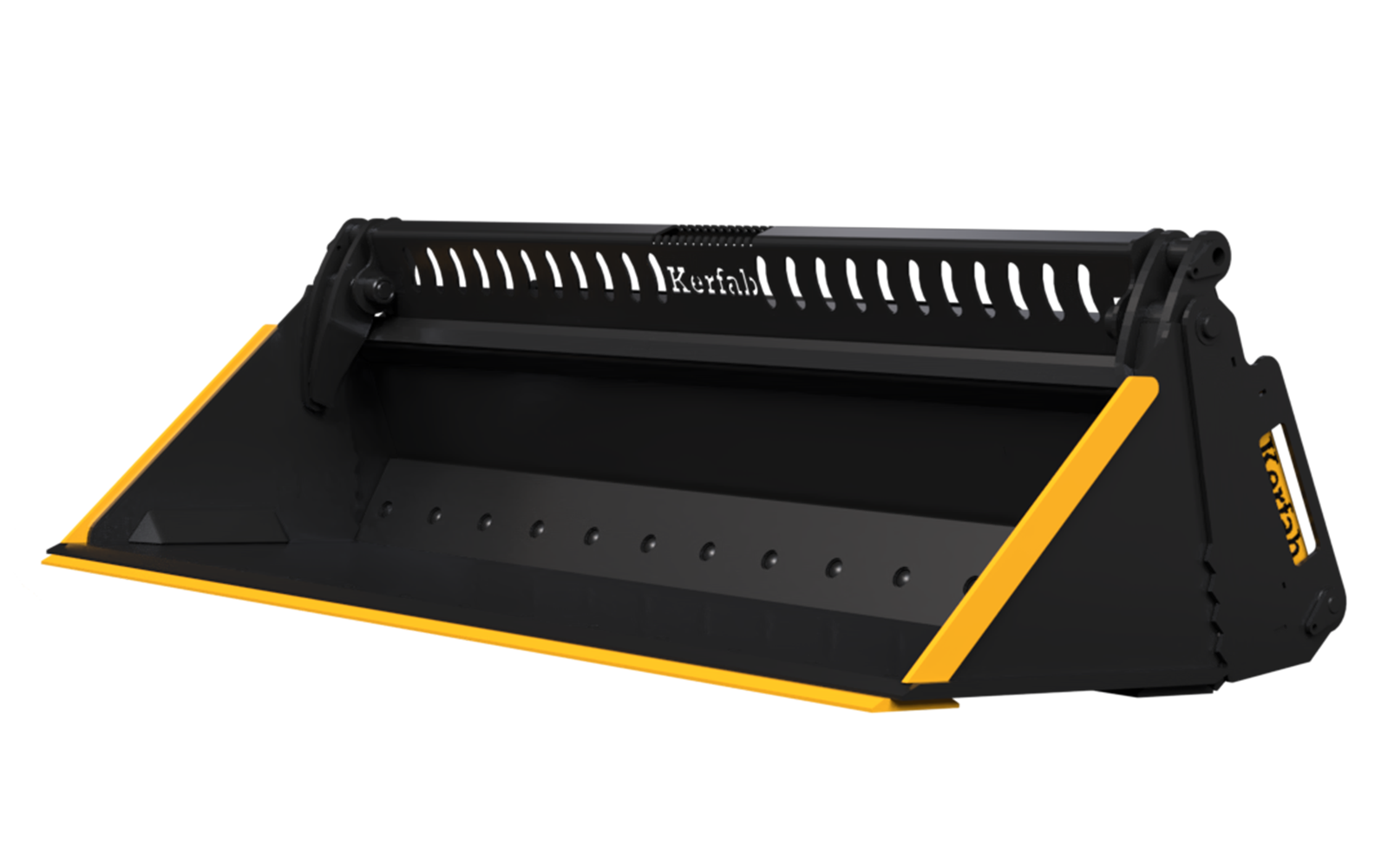 Kerfab skid steer 4-in-1 bucket — heavy-duty multi-function bucket with bolt-on cutting edge, black and yellow finish, isolated product image.