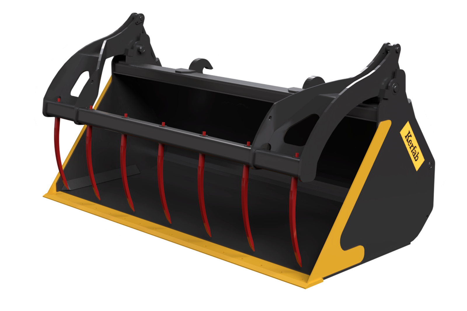 Kerfab silage bucket with hydraulic grapple — heavy-duty black and yellow bucket featuring red curved tines, enclosed side panels, and bolt-on cutting edge.