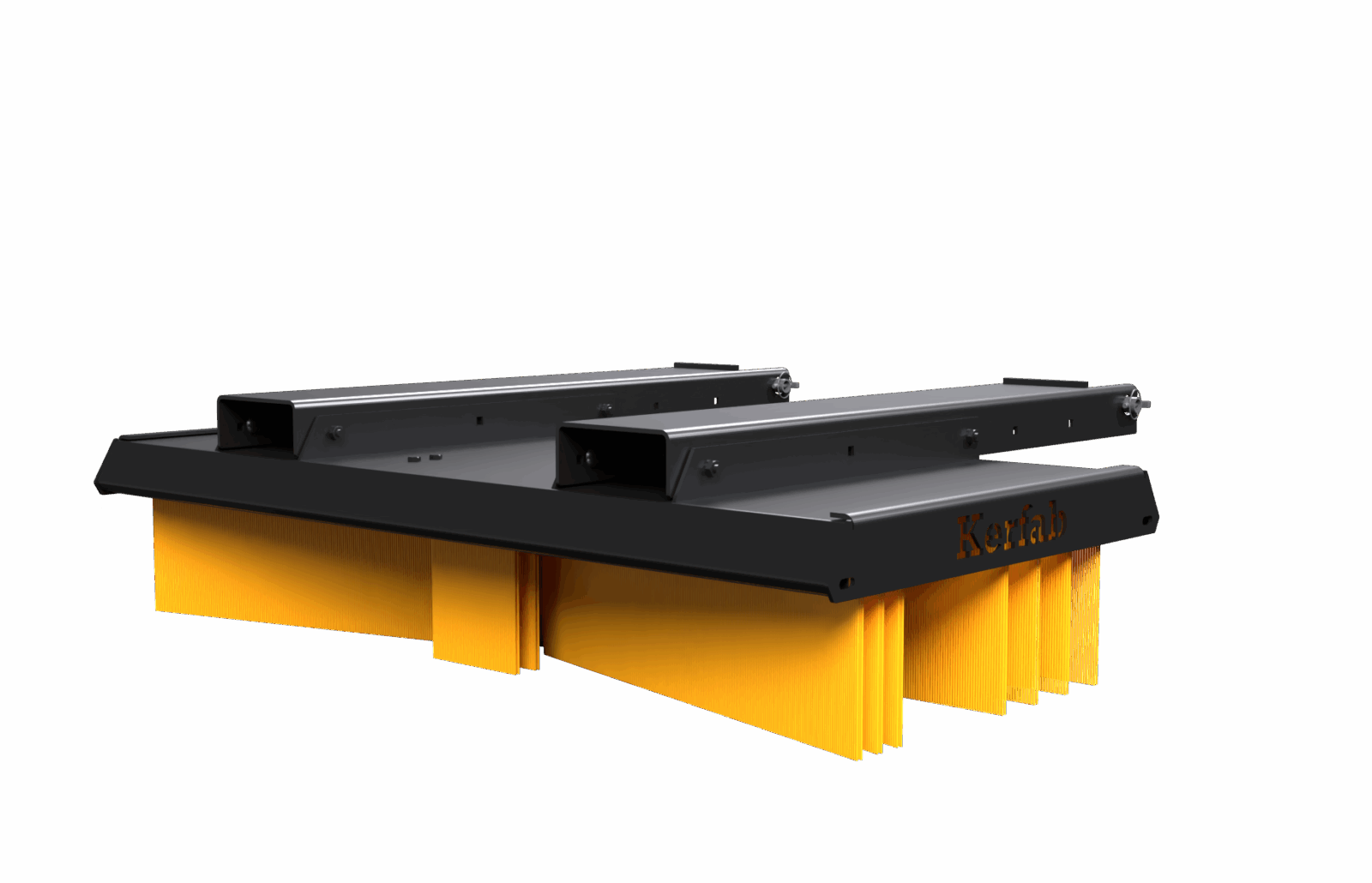 Kerfab K-Broom push broom attachment with replaceable yellow poly bristles — heavy-duty skid steer/loader broom, isolated product image.