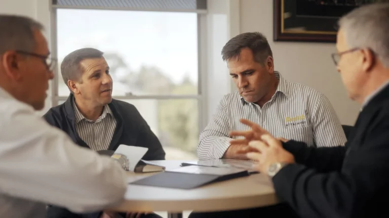 Kerfab management team in a meeting — four men seated around a round table reviewing documents, one wearing a striped shirt with the Kerfab logo, daylight through office window.