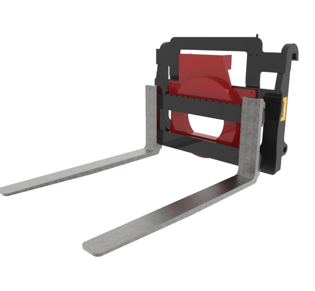 Kerfab pallet fork rotator attachment with rotating carriage for handling pallets.
